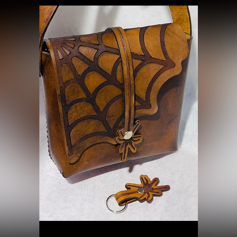 Handmade Brown Leather Spider Web Design crossbody Bag. New , never used